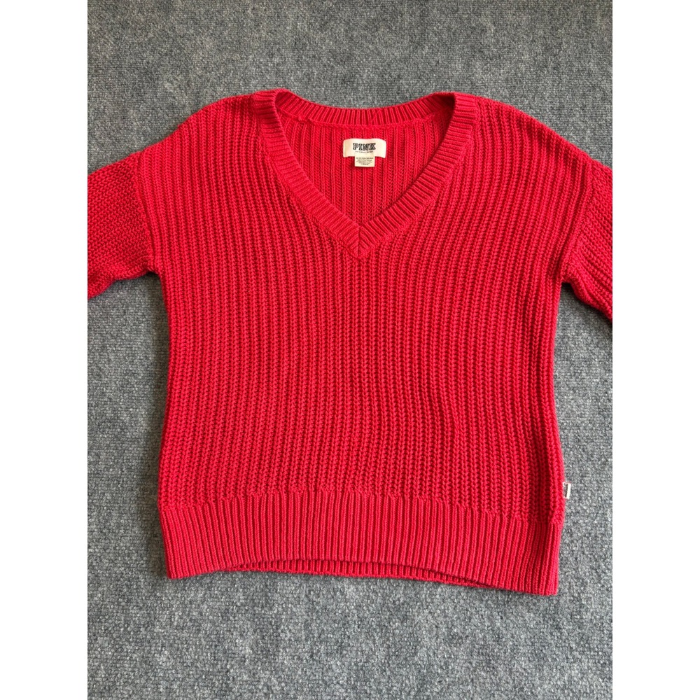 PINK Victoria's Secret Red V-Neck Shaker Stitch Knit Sweater XS